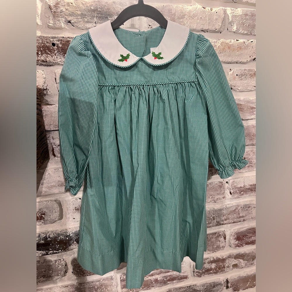 Stitchyfish 3T holiday gingham dress with hollies on Peter Pan collar